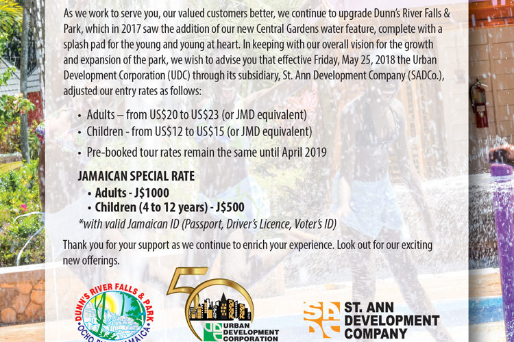 Notice - Dunn's River Falls and Park Price Increase